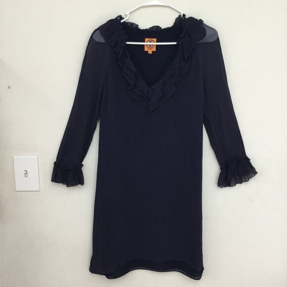 TORY BURCH Long Sleeve Silk Ruffle V Neck Knee length Blue Dress Sz 4 - Picture 1 of 8